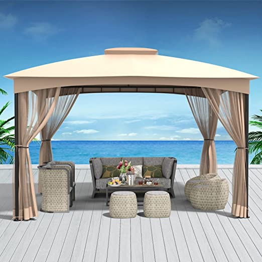 DikaSun Outdoor Patio Gazebo 10 x 12 Steel Frame Double Tiers Canopy Top and Curtains Netting, Sand