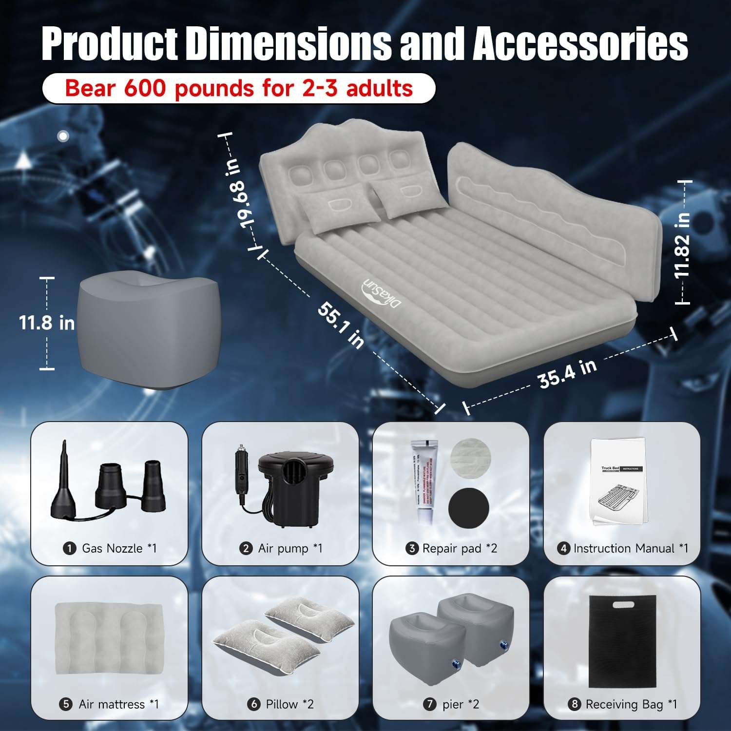 Thicken Backseat SUV/Car/Truck Air Mattress Air Bed Inflatable SUV Truck Mattress -35.4'' Width/Grey