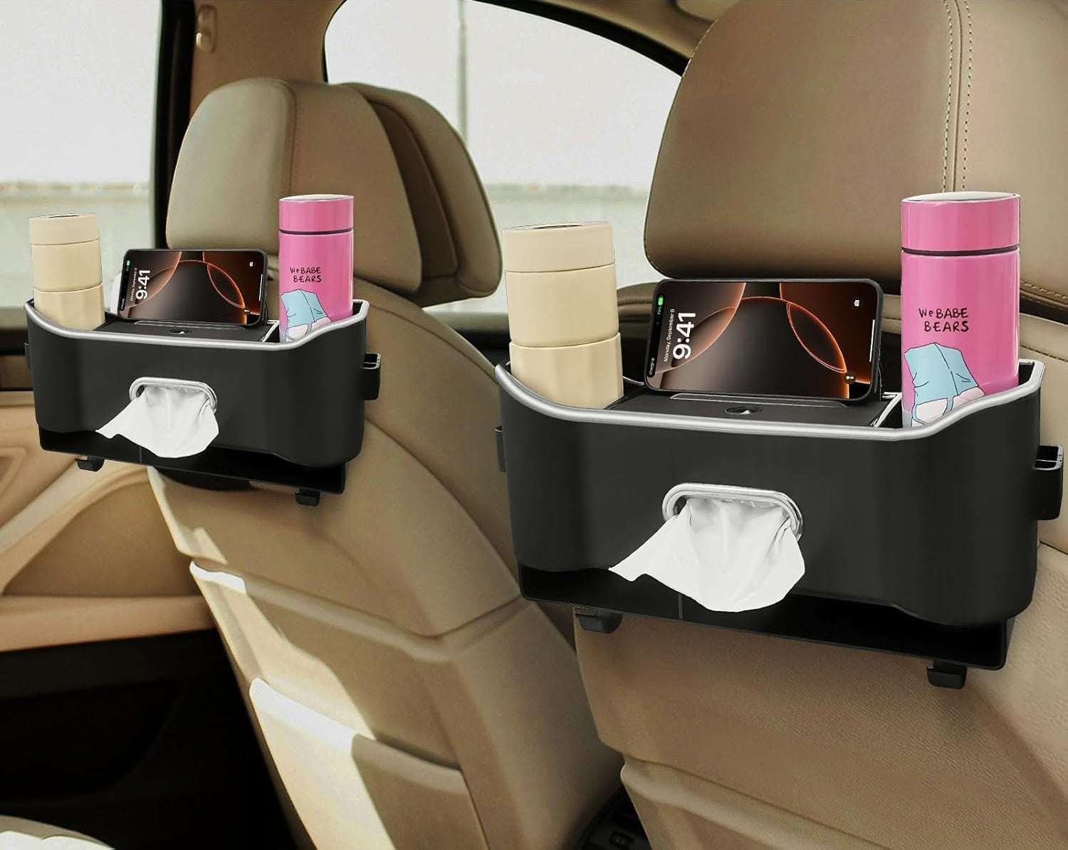 Car Seat Back Storage Box, Multifunctional Headrest Backseat Organizer with Tissue Box