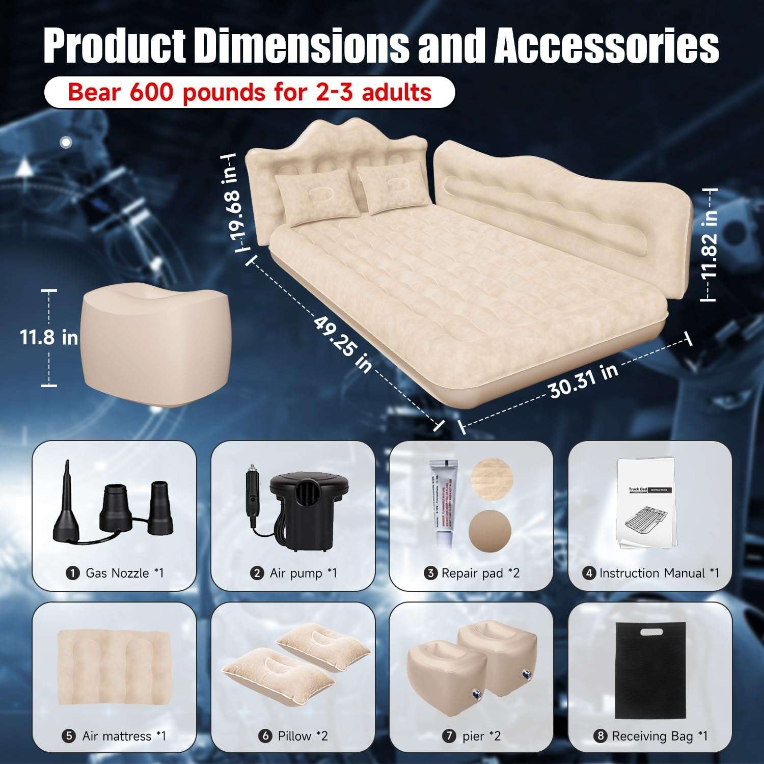 Thicken Backseat SUV/Car/Truck Air Mattress Air Bed Inflatable SUV Truck Mattress -30.31'' Width/Beige