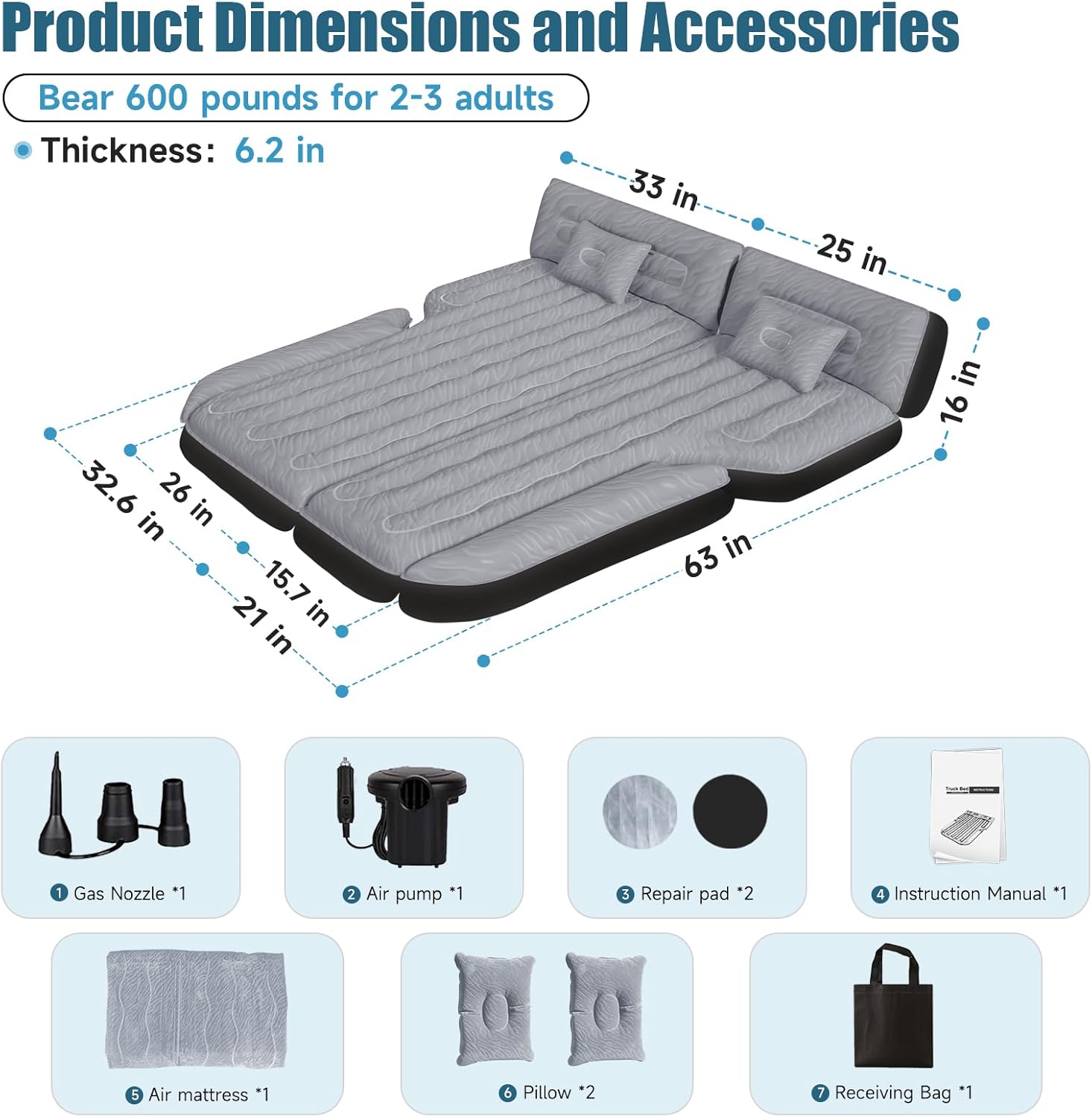 DikaSun 63in Extended SUV Mattress — Quick Inflate, Includes Pump & 2 Pillows,Grey