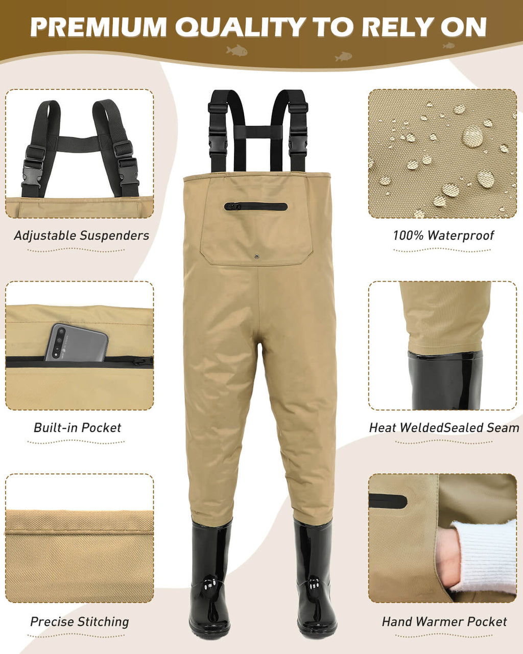 Brown Children Youth Kids Fishing Hunting Chest Wader with Boots
