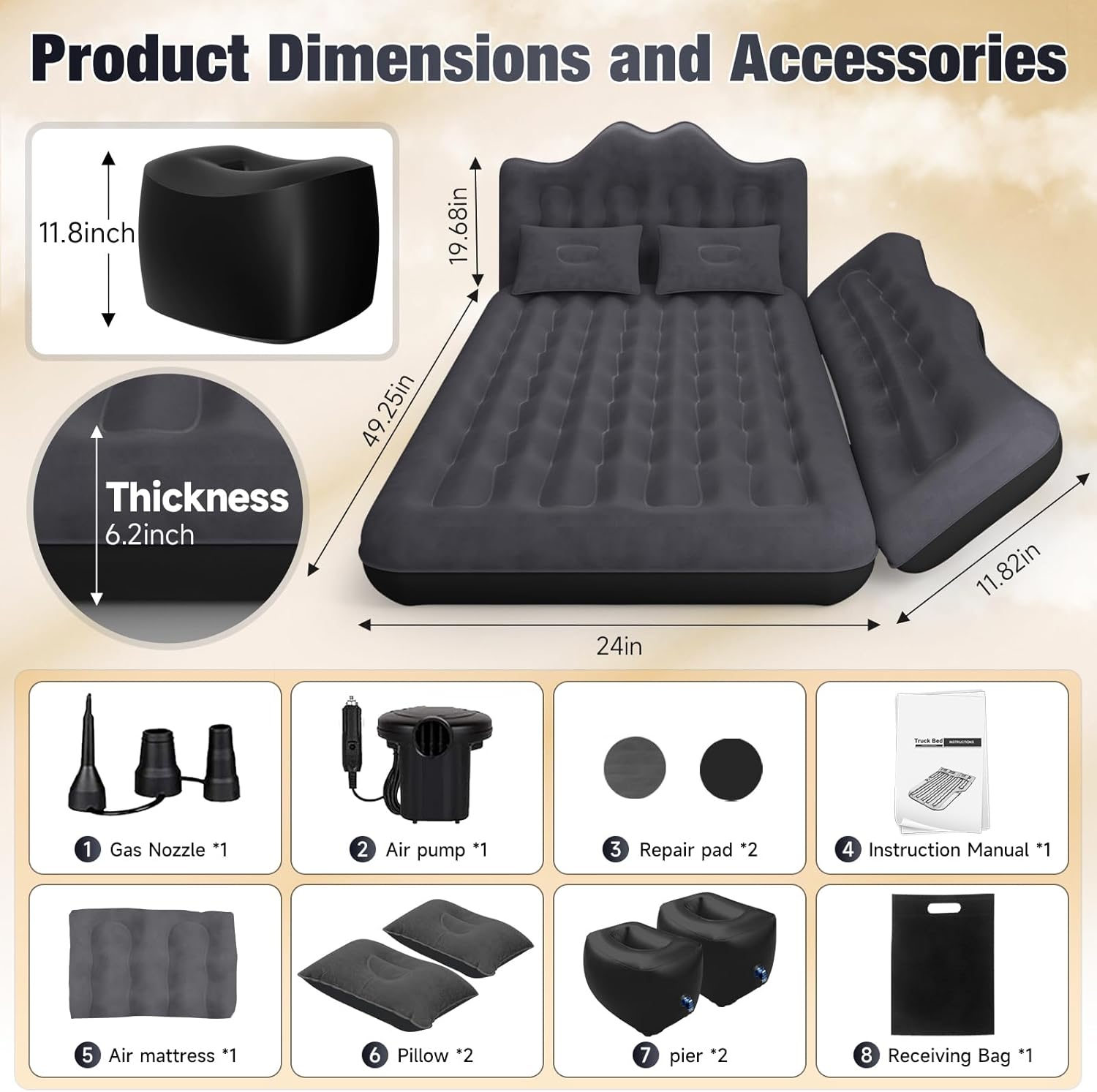 Thicken Backseat SUV/Car/Truck Air Mattress Air Bed Inflatable SUV Truck Mattress -24'' Width/Black