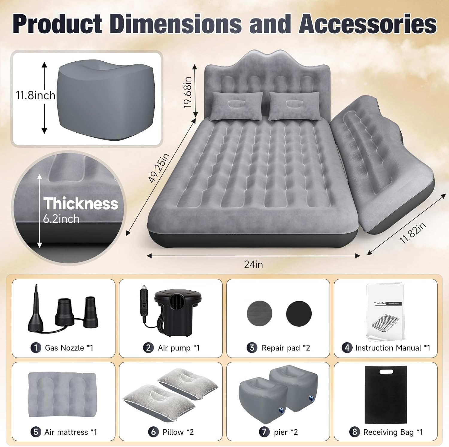 Thicken Backseat SUV/Car/Truck Air Mattress Air Bed Inflatable SUV Truck Mattress -24'' Width/Grey