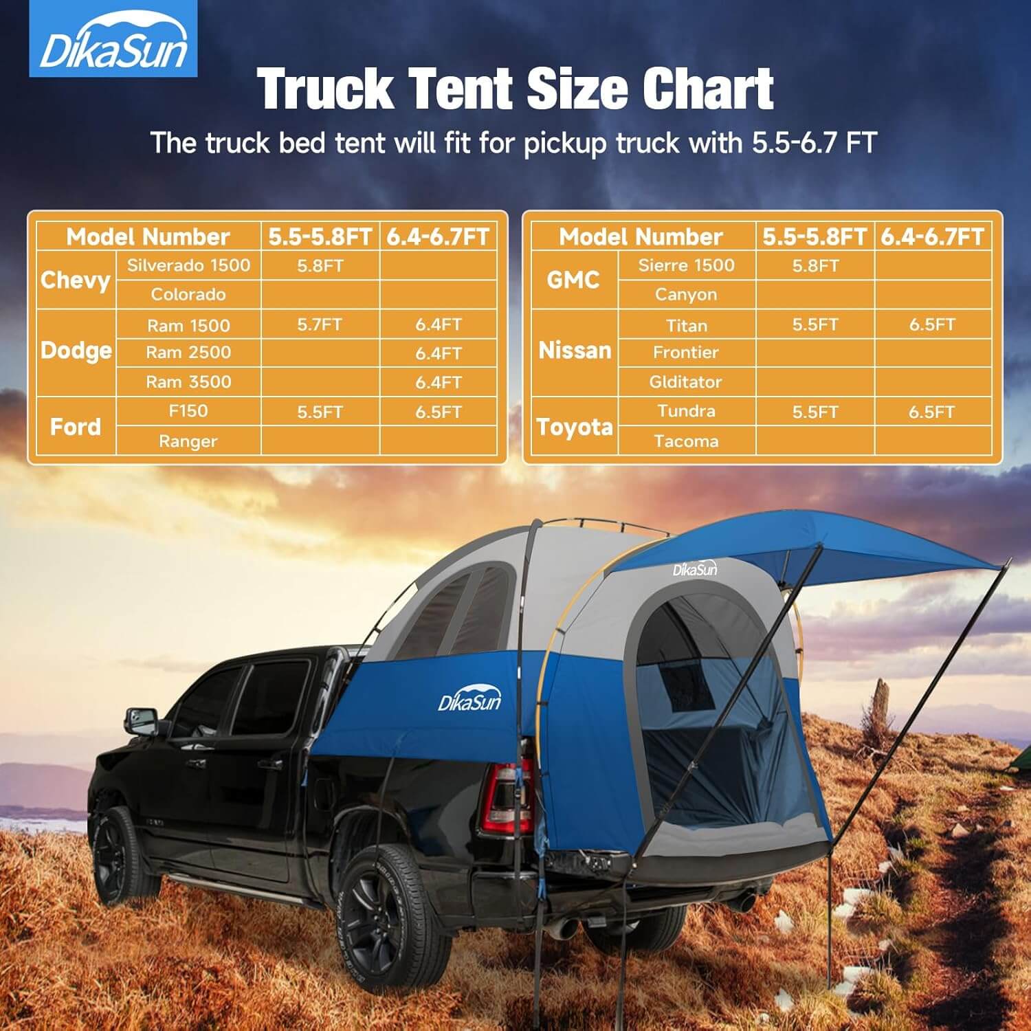 5.5-6.7ft Pickup Truck Bed Tent with Awining,Blue