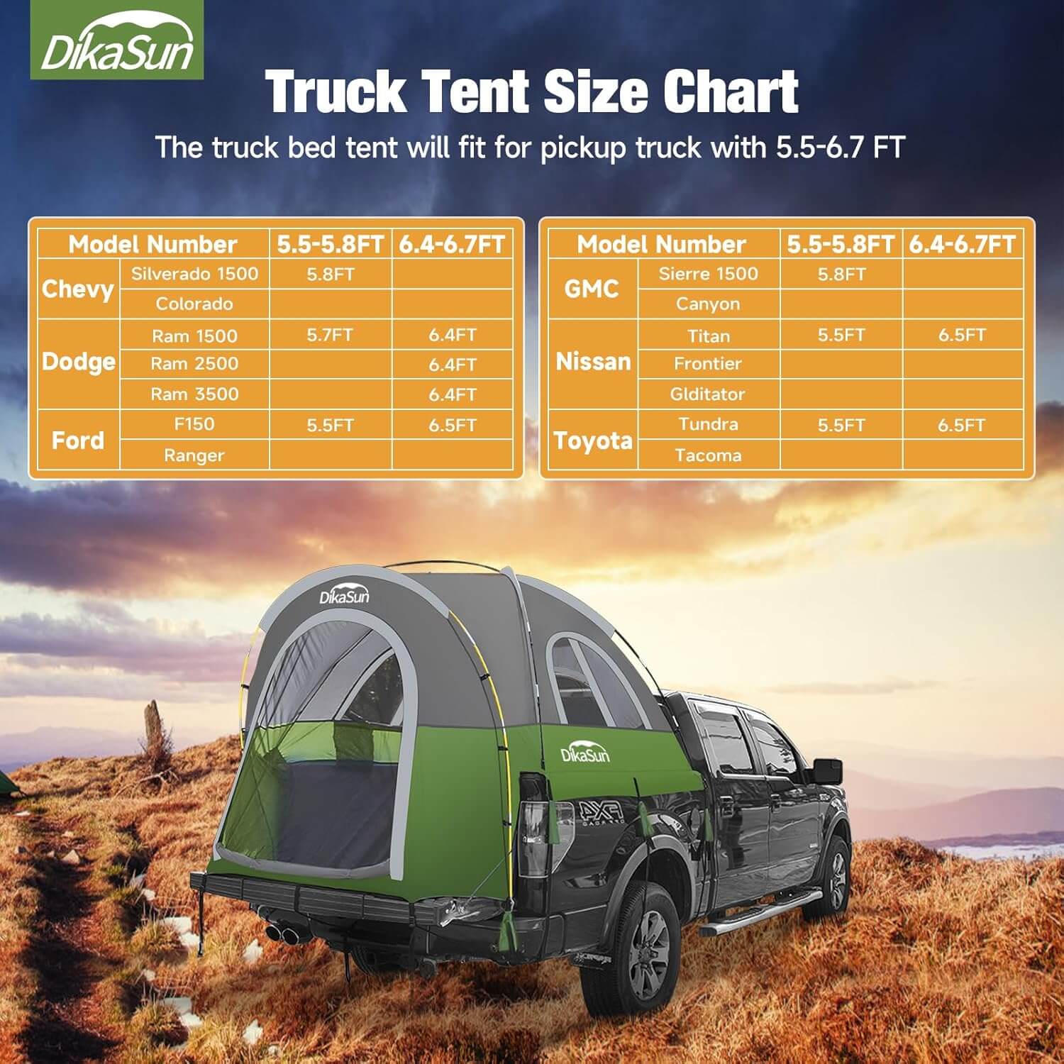 5.5-6.7ft Portable Pickup Truck Bed Tent Green