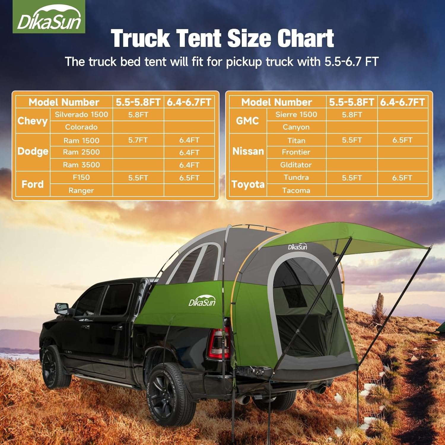 5.5-6.7ft Pickup Truck Bed Tent with Awining Green