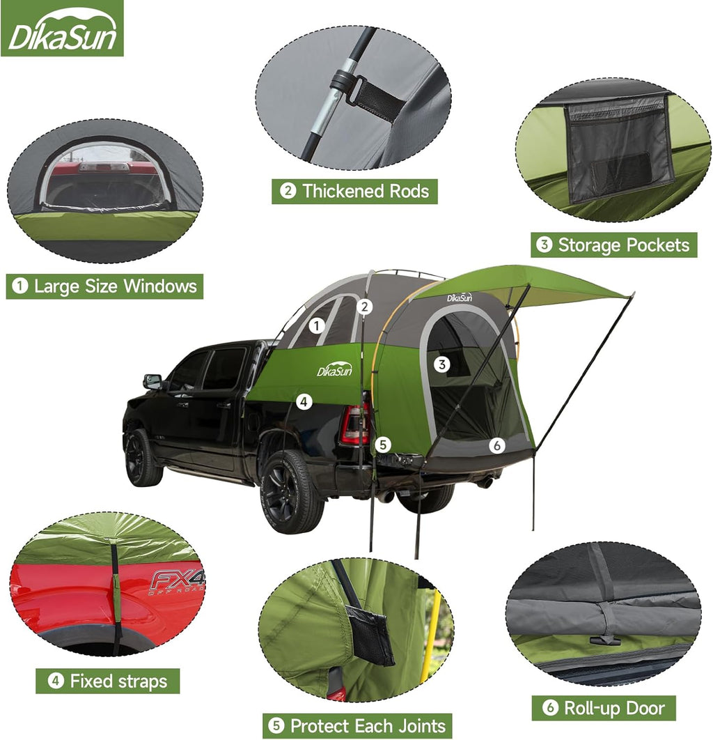 5.5-6.7ft Pickup Truck Bed Tent with Awining Green