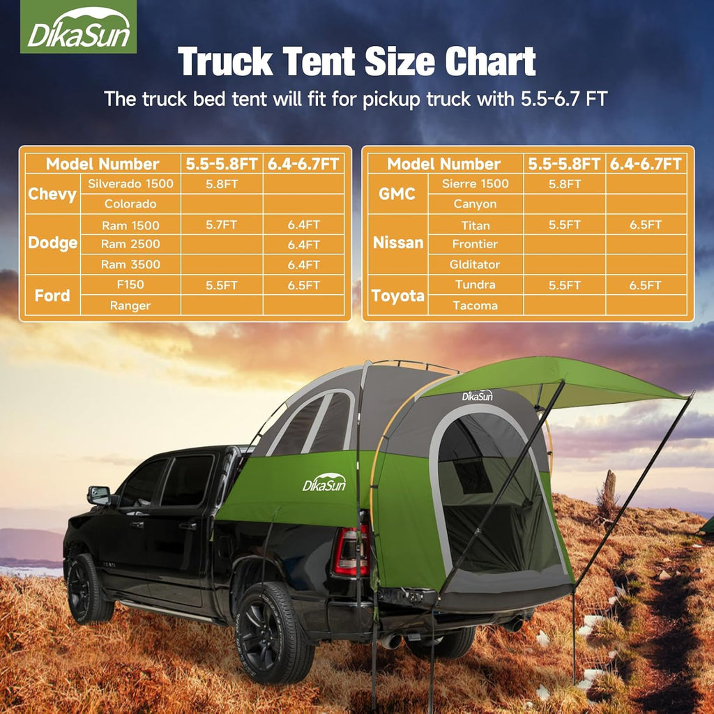 5.5-6.7ft Pickup Truck Bed Tent with Awining Green