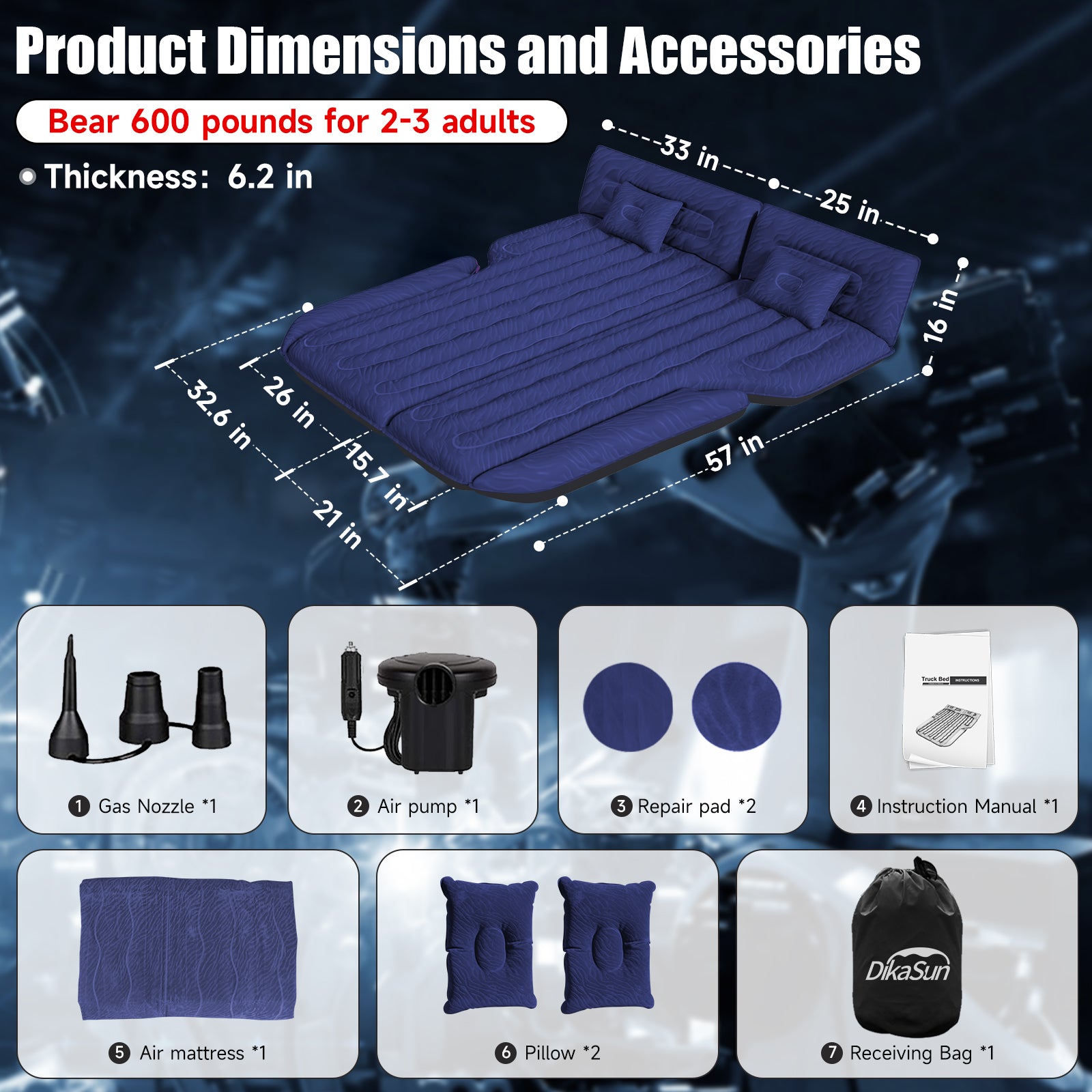 DikaSun Universal SUV Air Mattress – Upgraded Flocking, Extra-Thick Oxford Surface, with Electric Pump & 3M Charging Cable (Navy)