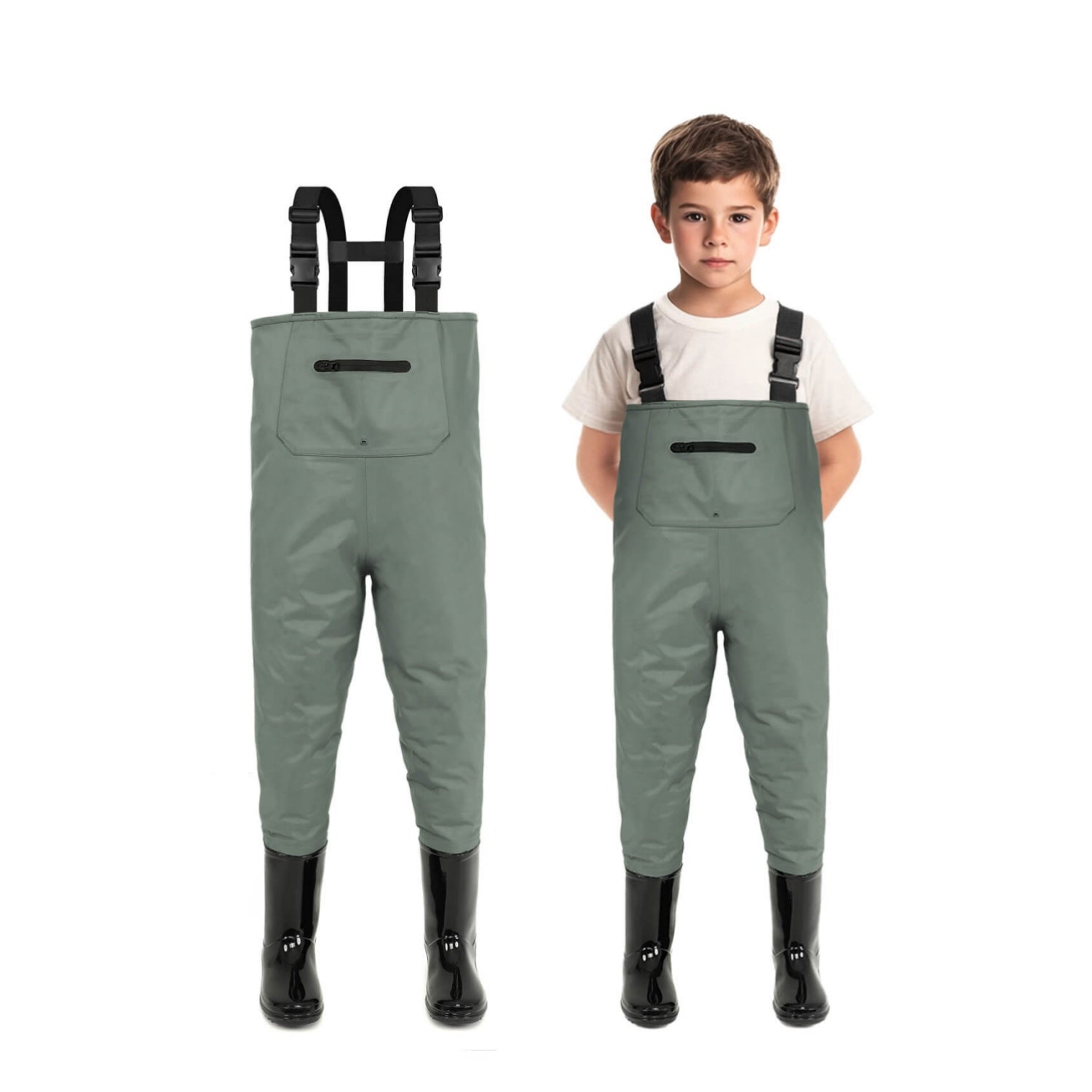 Green Children Youth Kids Fishing Hunting Chest Wader with Boots