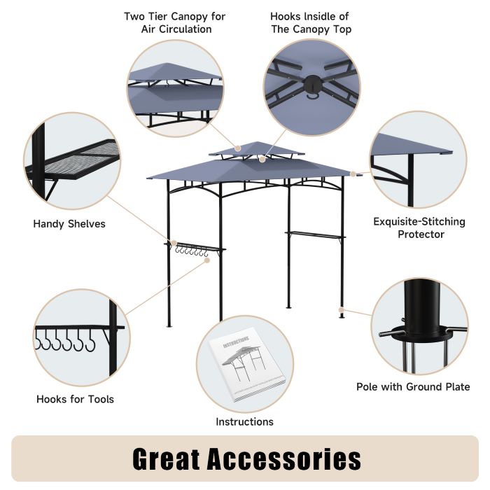 DikaSun BBQ Grill Gazebo 8 x 5 with Double Tiered Canopy Sleeves and 10 Hooks, Gray