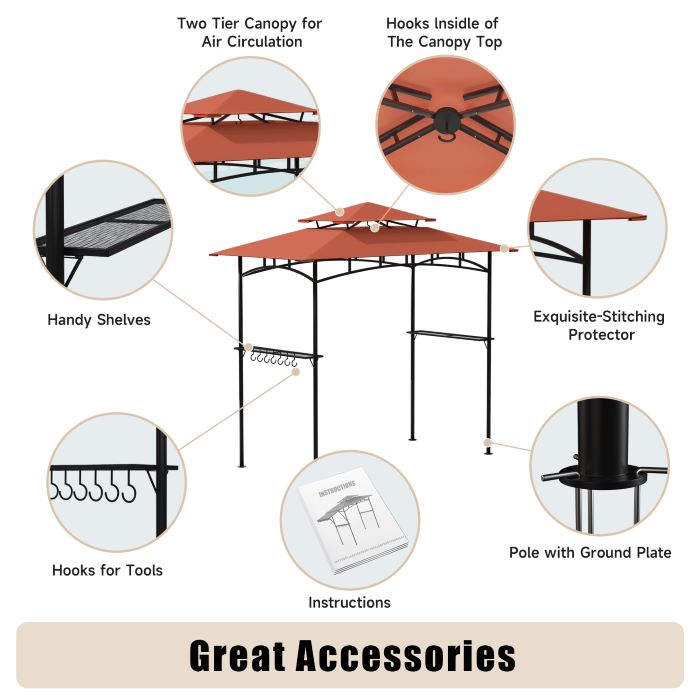 DikaSun BBQ Grill Gazebo 8 x 5 with Double Tiered Canopy Sleeves and 10 Hooks, Red