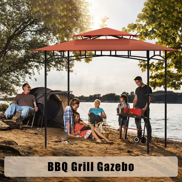 DikaSun BBQ Grill Gazebo 8 x 5 with Double Tiered Canopy Sleeves and 10 Hooks, Red