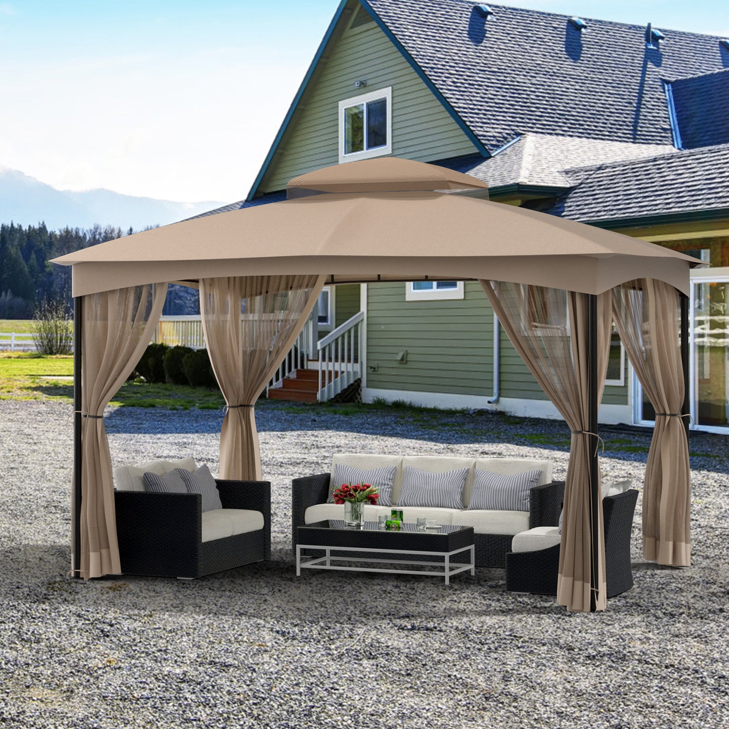 DikaSun Outdoor Patio Gazebo 10 x 12 Steel Frame Double Tiers Canopy Top and Curtains Netting, Beige