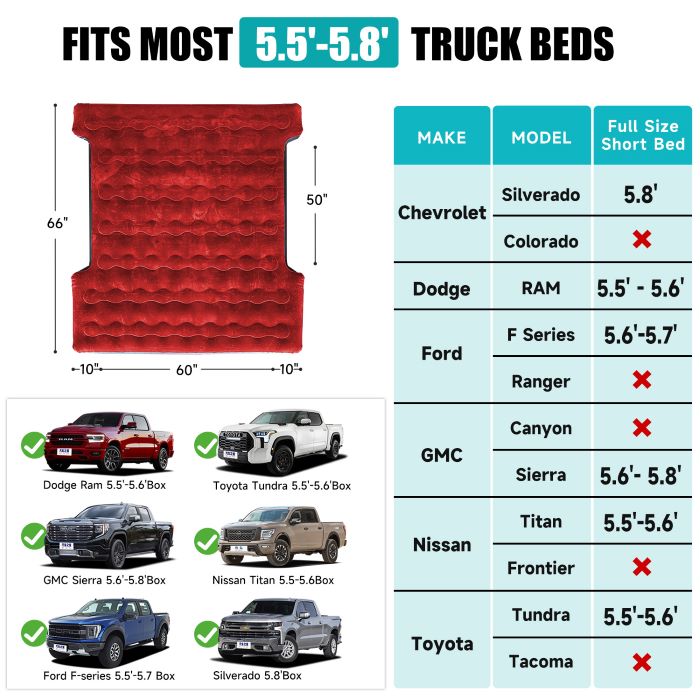 DikaSun Inflatable Air Mattress for 5.5-5.8 ft Pickup Truck Bed, for Outdoor Car Camping, Red