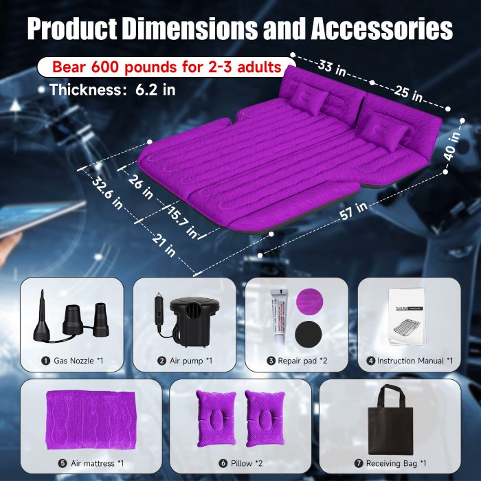 DikaSun SUV Air Mattress Upgraded Flocking and Extra Thick Oxford Surface Sleeping Bed for with Electric Pump,3M Charging Cable, Purple